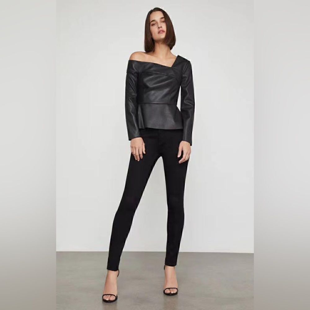 Plus Size Faux Leather One-Shoulder Peplum Top by SHEIN